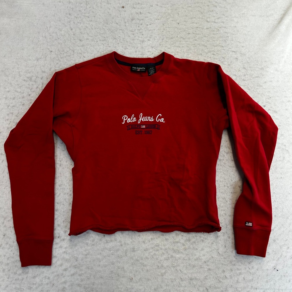 Polo Jeans Co Ralph Lauren Sweatshirt Womens Medium Red Embroidered Raw Hem